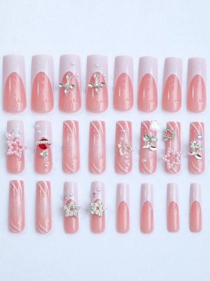Beautiful Set - 24pcs Long Square / Space / Cherry / Butterfly and Rhinestone Pearl Design Fake Press on Nail