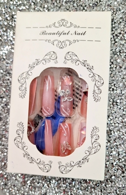 Beautiful Set - 24pcs Long Square / Space / Cherry / Butterfly and Rhinestone Pearl Design Fake Press on Nail