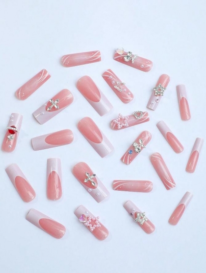 Beautiful Set - 24pcs Long Square / Space / Cherry / Butterfly and Rhinestone Pearl Design Fake Press on Nail
