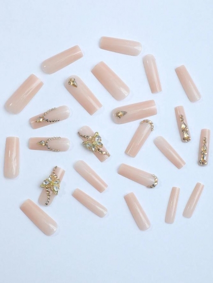 Beautiful Set - 24pcs Long Square Sparkle Golden Rhinestone Elegant Design Fake Press on Nail