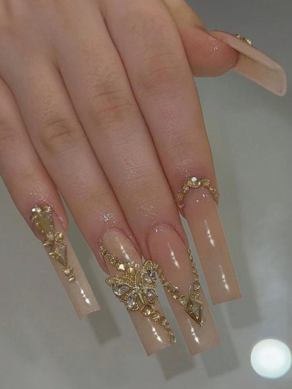 Beautiful Set - 24pcs Long Square Sparkle Golden Rhinestone Elegant Design Fake Press on Nail