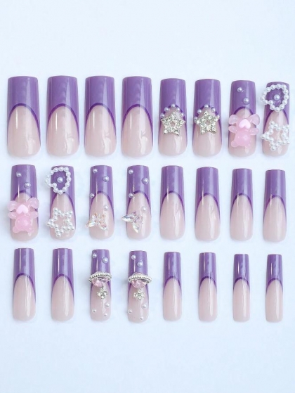 Beautiful Set - 24pcs Long Square / Purple Space / Pearls / Bear and Rhinestone Design Fake Press on Nail