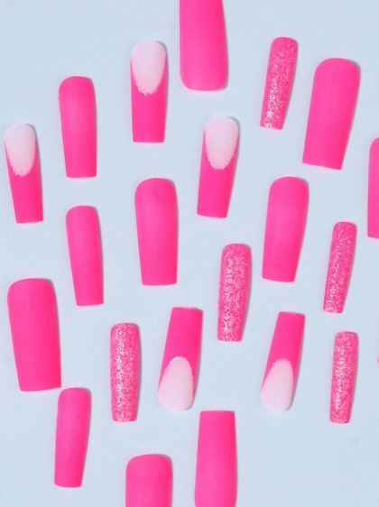 Beautiful Set - 24pcs  Long Square Sweet Pink French & Glitter fit Perfectly Sexy Design Fake Press on Nail