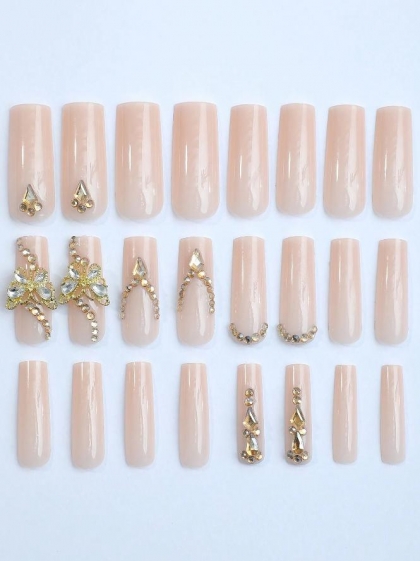 Beautiful Set - 24pcs Long Square Sparkle Golden Rhinestone Elegant Design Fake Press on Nail