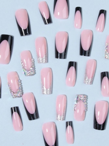 Beautiful Set - 24pcs Long Coffin Rhinestone / Swarovski Sparkling Black French Design Fake Press on Nail