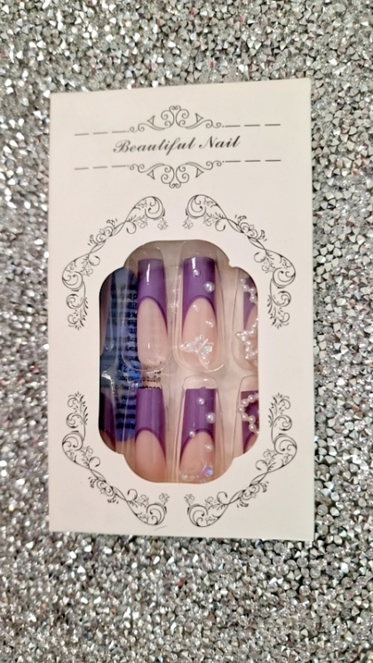 Beautiful Set - 24pcs Long Square / Purple Space / Pearls / Bear and Rhinestone Design Fake Press on Nail