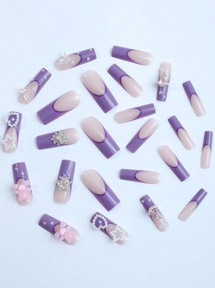Beautiful Set - 24pcs Long Square / Purple Space / Pearls / Bear and Rhinestone Design Fake Press on Nail