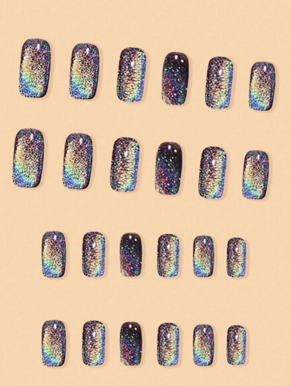 Beautiful Set - 24pcs Short Square Fashionable Rainbow Cat Eye Nail Set For Women And Girls Sparkle Design Fake Press on Nail