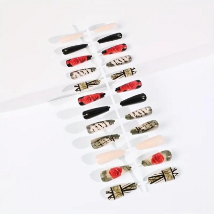 Beautiful Set - 24pcs Long Coffin Black Rose Flowers Line Designs Geometric Newspaper Acrylic Fake Press on Nail
