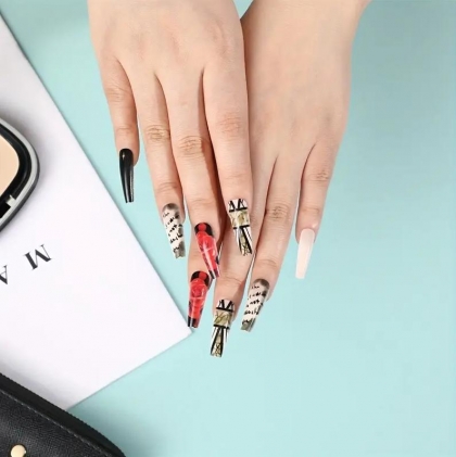 Beautiful Set - 24pcs Long Coffin Black Rose Flowers Line Designs Geometric Newspaper Acrylic Fake Press on Nail