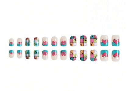Beautiful Set - 24pcs Sweet Medium Pink Heart / Colored Art Design Fake Press on Nail
