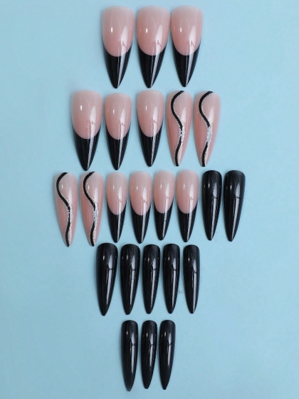 Beautiful Set - 24pcs Long Luxurious French Black Design Fake Press on Nail