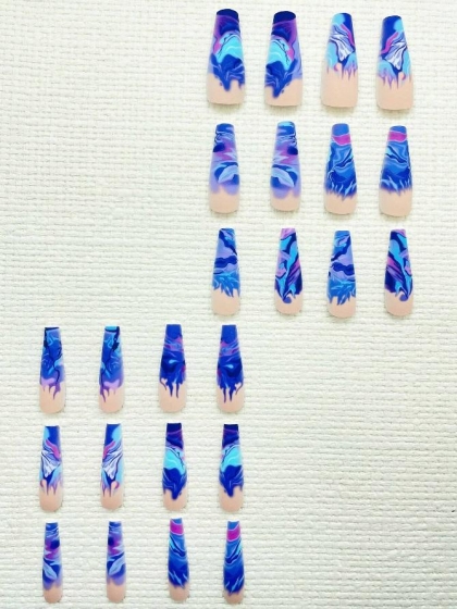 Beautiful Set - 24pcs Long Ballerina Style Marble Blue / Purple Design Fake Press on Nail