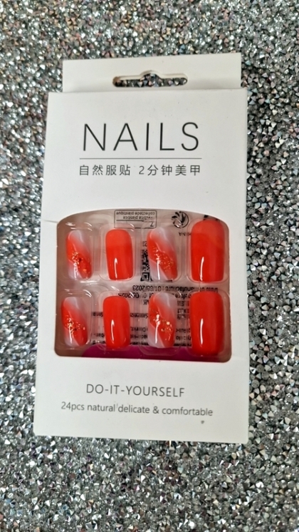Beautiful Set - 24pcs Short Square Orange Marble Gold Sparkle Design Fake Press on Nail