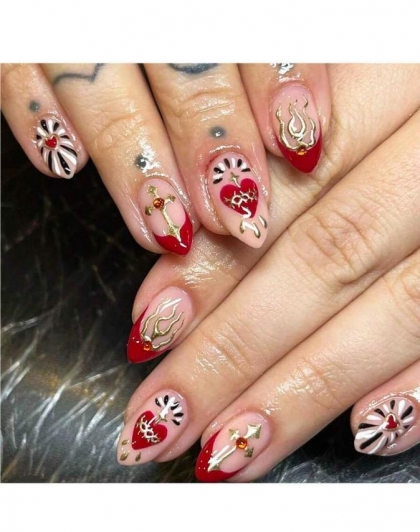 Beautiful Set - 24pcs Medium Almond ValentineS Day Sweet Rubine Red Gradient Fine Glitter Love Silver Graffiti Hearts Design Fake Press on Nail