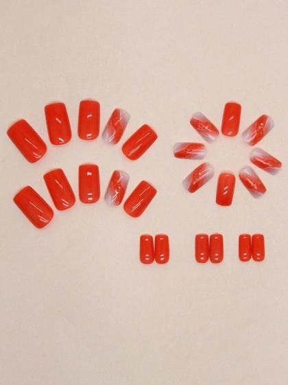 Beautiful Set - 24pcs Short Square Orange Marble Gold Sparkle Design Fake Press on Nail