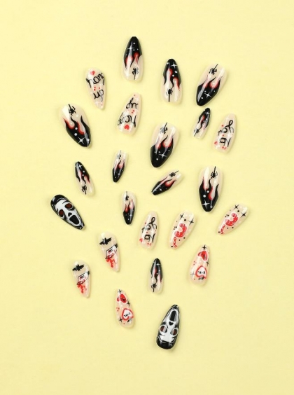 Beautiful Set - 24pcs Long Almond Funny Horror Design Fake Press on Nail