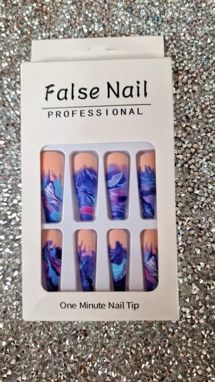 Beautiful Set - 24pcs Long Ballerina Style Marble Blue / Purple Design Fake Press on Nail