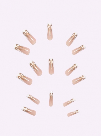 Beautiful Set - 24pcs Long Coffin French Style with Gold Flames Design Fake Press on Nail