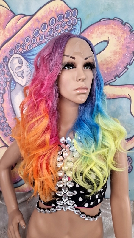Front lace fairy wig rainbow wig wig Pastel Rainbow Lace Front Synthetic Hair Extension Mermaid  main image 3