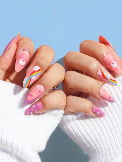 Beautiful Set - 24pcs Care Bears Lovely Heart Rainbow Pink Cute Design Fake Press on Nail