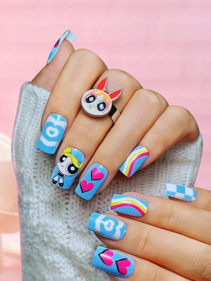 Beautiful Set - 24pcs THE POWERPUFF GIRLS  Bubbles Cute Blue Design Fake Press on Nail