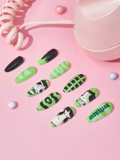 Beautiful Set - 24pcs THE POWERPUFF GIRLS Buttercup Cute Green Design Fake Press on Nail