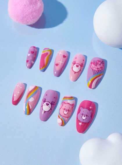 Beautiful Set - 24pcs Care Bears Lovely Heart Rainbow Pink Cute Design Fake Press on Nail