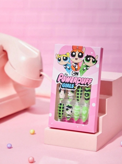 Beautiful Set - 24pcs THE POWERPUFF GIRLS Buttercup Cute Green Design Fake Press on Nail