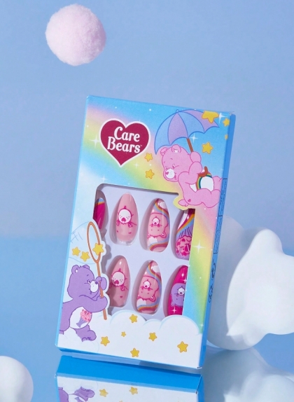 Beautiful Set - 24pcs Care Bears Lovely Heart Rainbow Pink Cute Design Fake Press on Nail
