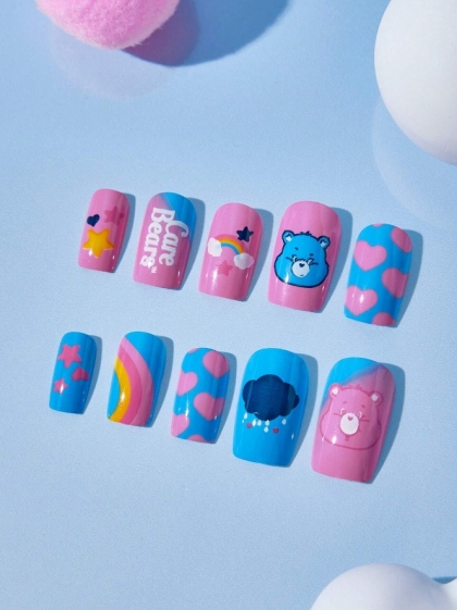 Beautiful Set - 24pcs Care Bears Lovely Heart Rainbow Pink Cute Design Fake Press on Nail