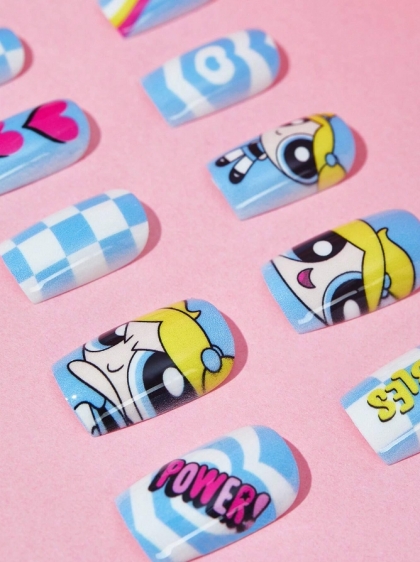 Beautiful Set - 24pcs THE POWERPUFF GIRLS  Bubbles Cute Blue Design Fake Press on Nail