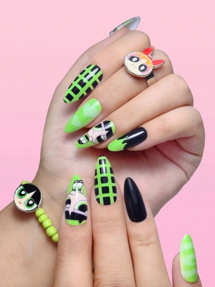 Beautiful Set - 24pcs THE POWERPUFF GIRLS Buttercup Cute Green Design Fake Press on Nail