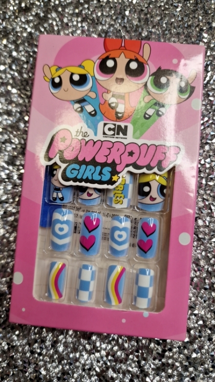 Beautiful Set - 24pcs THE POWERPUFF GIRLS  Bubbles Cute Blue Design Fake Press on Nail