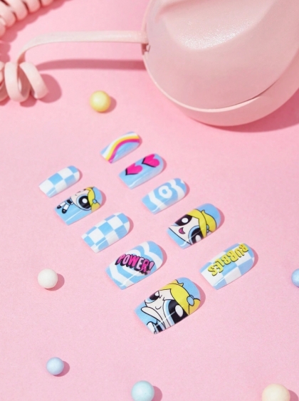 Beautiful Set - 24pcs THE POWERPUFF GIRLS  Bubbles Cute Blue Design Fake Press on Nail