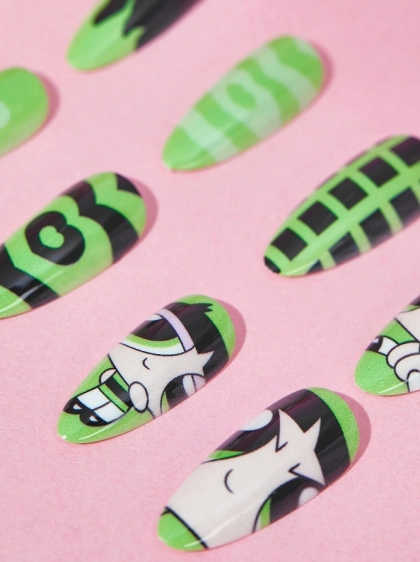 Beautiful Set - 24pcs THE POWERPUFF GIRLS Buttercup Cute Green Design Fake Press on Nail