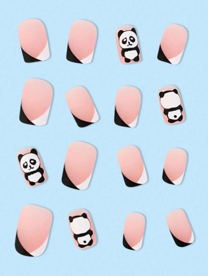 Beautiful Set - 24pcs Short Square French Style 3d Cute Panda Design Fake Press on Nail