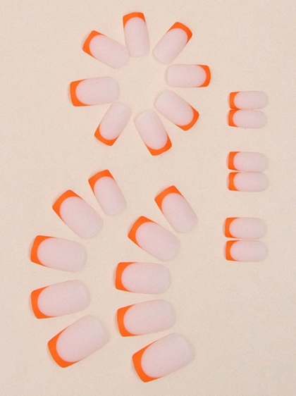 Beautiful Set - 24pcs Medium Length Square French Orange Matte Design Fake Press on Nail
