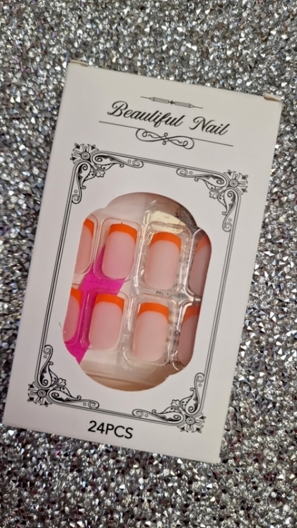 Beautiful Set - 24pcs Medium Length Square French Orange Matte Design Fake Press on Nail