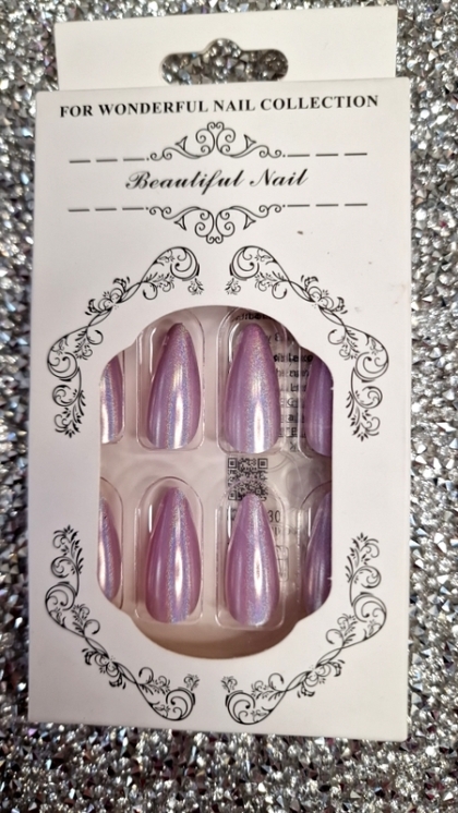 Beautiful Set - 24pcs Long Almond Sparkle Light Purple Glitter Design Fake Press on Nail