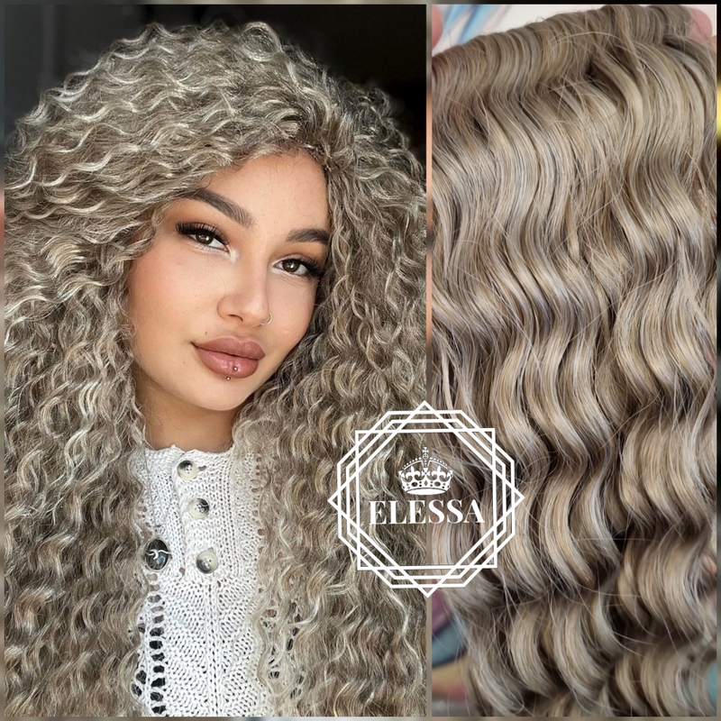 24” mermaid curly wave ash blonde highlights platinum blonde hair extensions Babylights Hair Extensions Blonde Highlights Silver Grey  main image 3