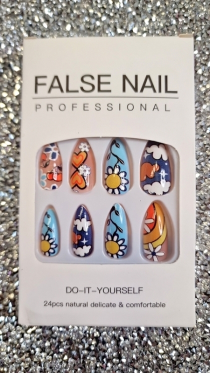 Beautiful Set - 24pcs Medium Length Almond Cute Sunflower Summer Clouds Cherries Love Design Fake Press on Nail