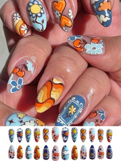 Beautiful Set - 24pcs Medium Length Almond Cute Sunflower Summer Clouds Cherries Love Design Fake Press on Nail