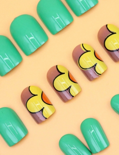 Beautiful Set - 24pcs Short Round Square Style Pastel Color Cute Flowers Design Fake Press on Nail