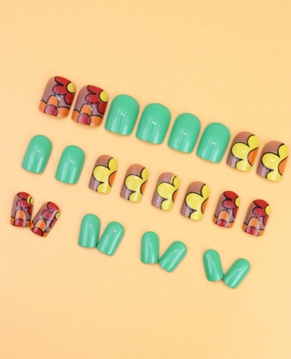 Beautiful Set - 24pcs Short Round Square Style Pastel Color Cute Flowers Design Fake Press on Nail