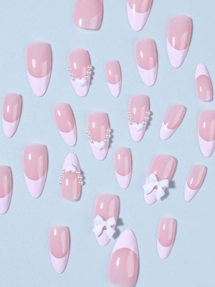 Beautiful Set - 24pcs Long Almond Pink Fantasy French Style with Mini Pearls and Sparkle Rhinestone / Hearts Design Fake Press on Nail