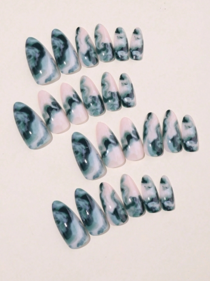 Beautiful Set - 24pcs Long Alomond Marble Green Design Fake Press on Nail