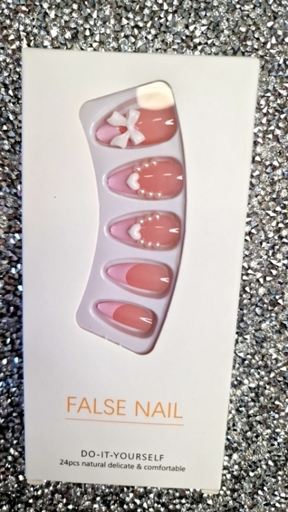 Beautiful Set - 24pcs Long Almond Pink Fantasy French Style with Mini Pearls and Sparkle Rhinestone / Hearts Design Fake Press on Nail