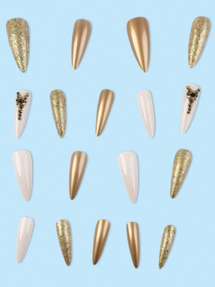 Beautiful Set - 24pcs Long Sharp Champagne-Colored Sparkling Rhinestone Golden Design Fake Press on Nail