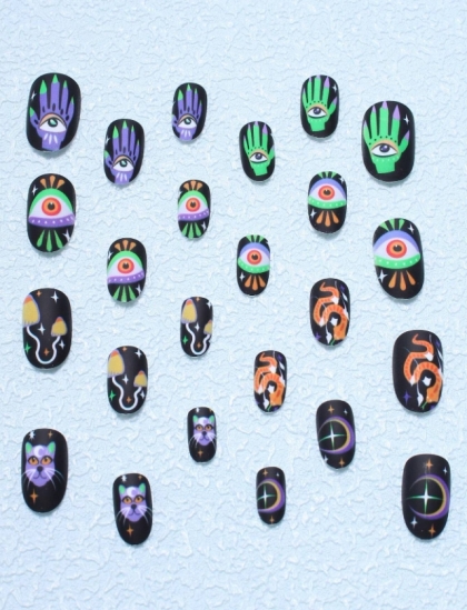 Beautiful Set - 24pcs Dark Night Spirit Cat Eye Claw Iridescent Round Head Gothic / Punk Design Fake Press on Nail